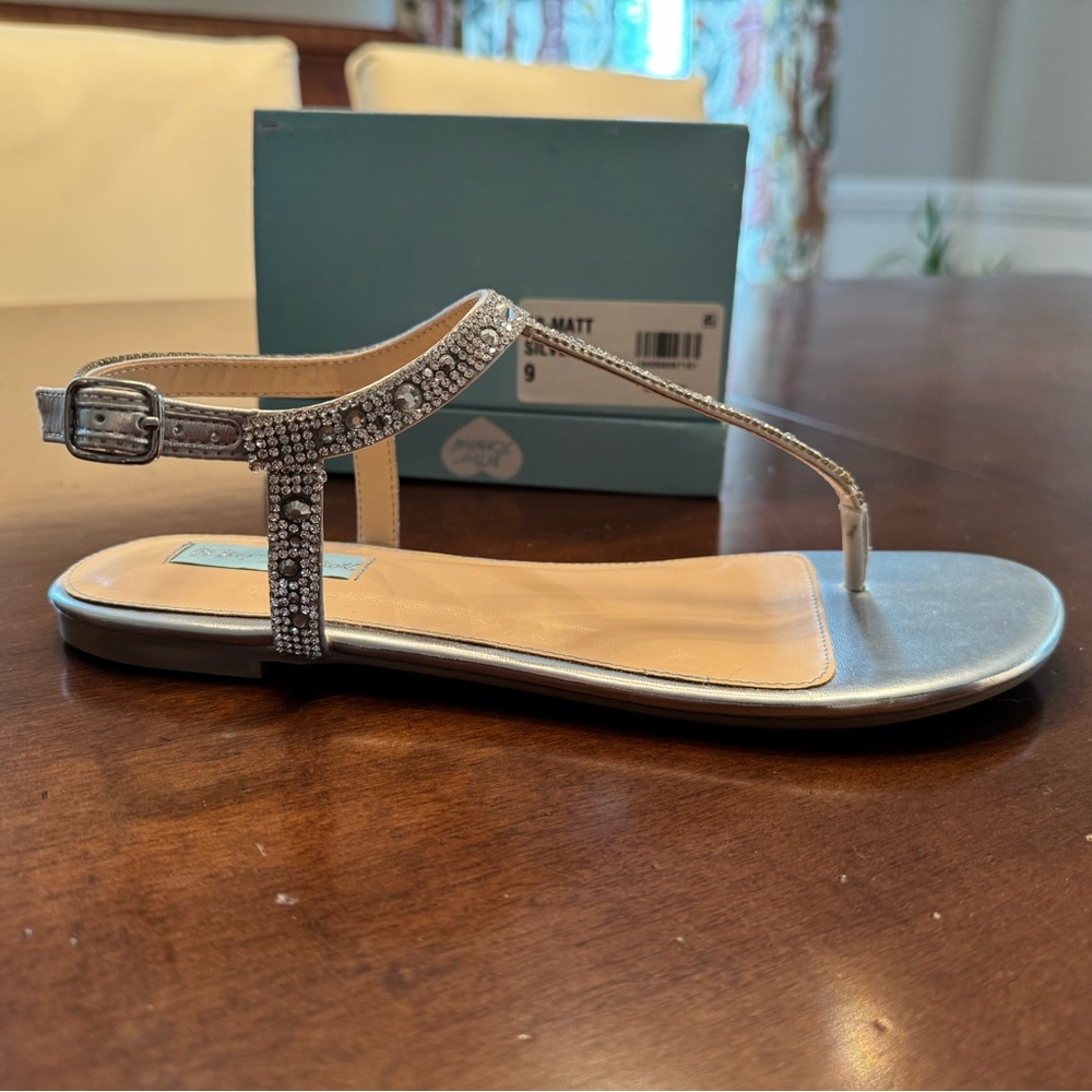 Betsey Johnson Rhinestone Silver Metallic Sandals, never worn, size 9